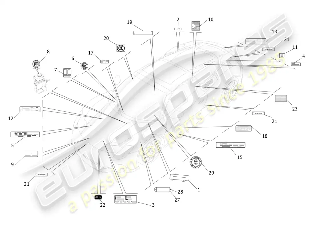 maserati mc20 cielo (2023) pegatinas y etiquetas diagrama de piezas
