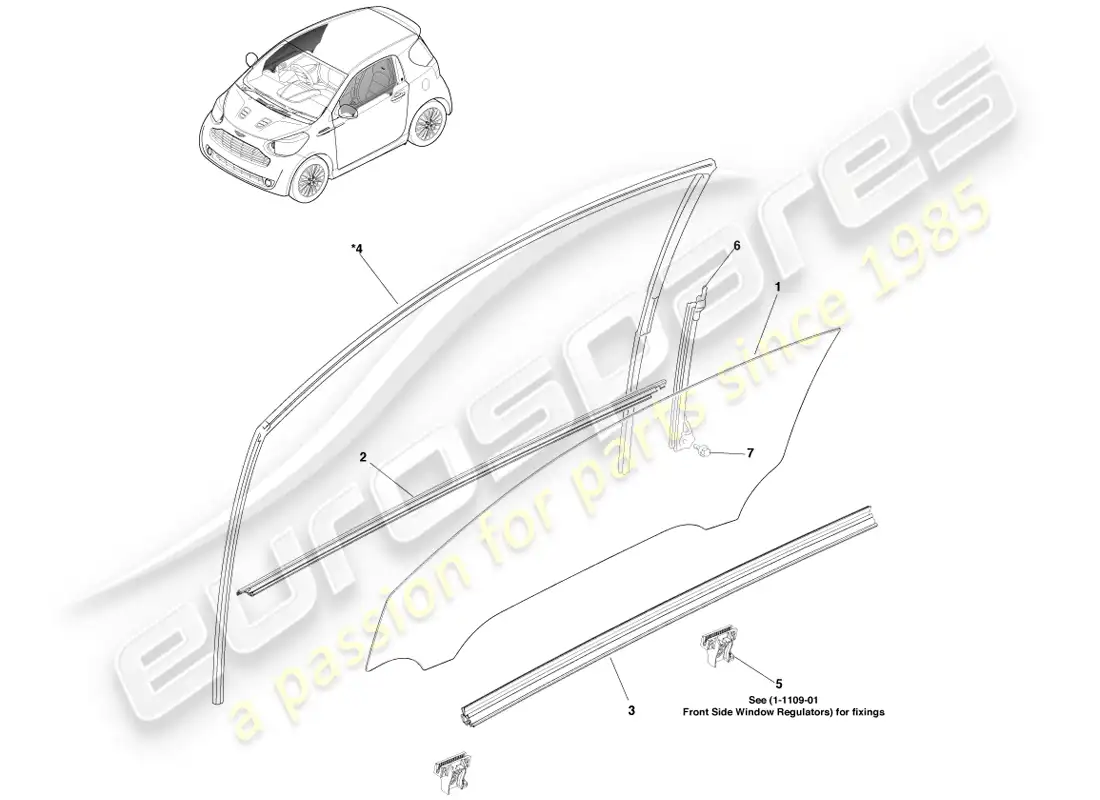 aston martin cygnet (2012) vidrio de la puerta principal diagrama de piezas
