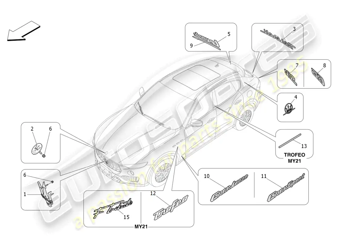 maserati levante (2018) acabados, marcas y símbolos diagrama de piezas