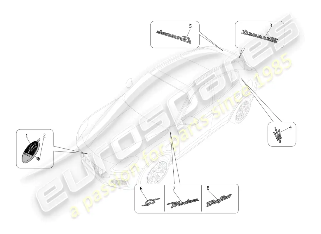 maserati grecale gt (2023) acabados, marcas y símbolos diagrama de piezas