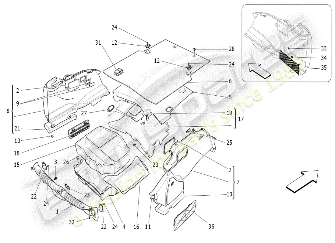 maserati ghibli (2019) alfombrillas del maletero diagrama de piezas