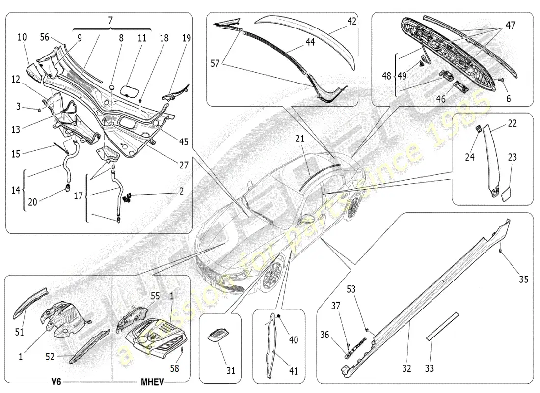 maserati ghibli (2019) diagrama de piezas de escudos, molduras y paneles de cobertura