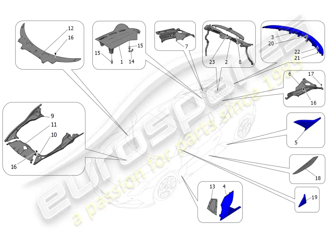 maserati mc20 (2022) protectores, embellecedores y paneles de cobertura diagrama de piezas