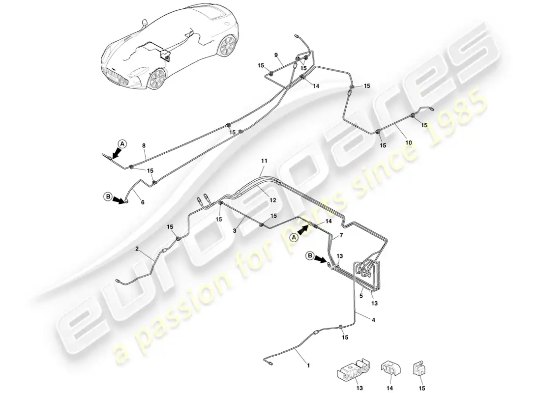 aston martin one-77 (2011) líneas y mangueras de freno, lado derecho diagrama de piezas