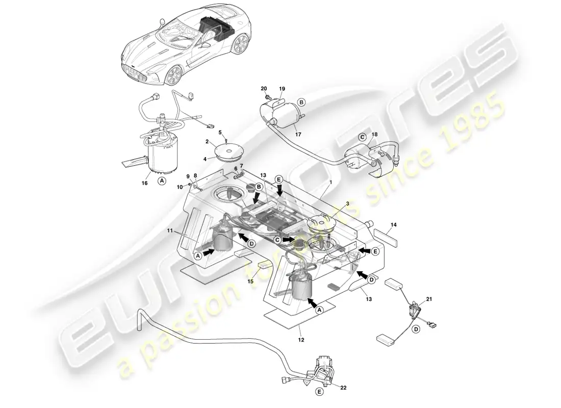 aston martin one-77 (2011) conjunto del tanque de combustible diagrama de piezas