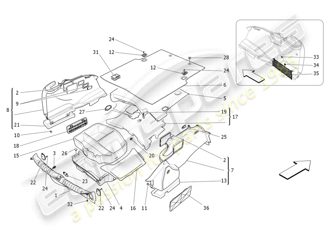 maserati ghibli (2016) alfombrillas para maletero diagrama de piezas