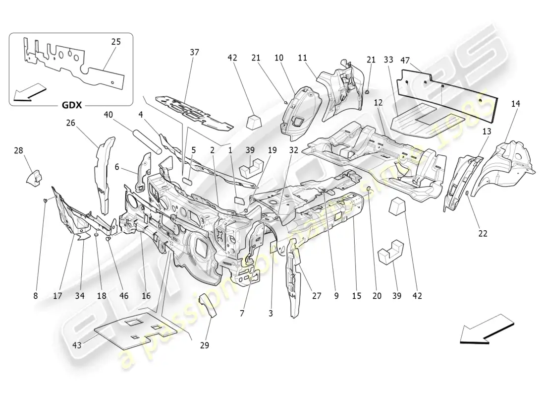 maserati ghibli (2015) paneles insonorizadores en el interior del vehículo diagrama de piezas