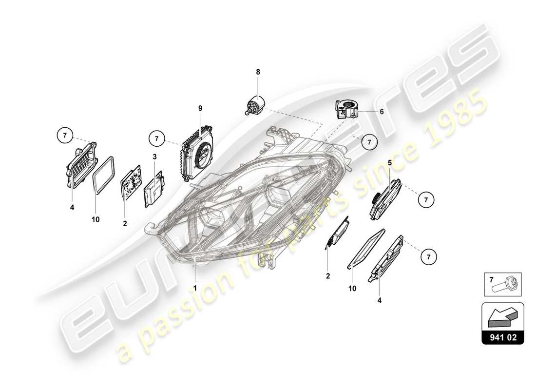 lamborghini lp580-2 coupe (2019) diagrama de piezas del sistema de iluminación delantero