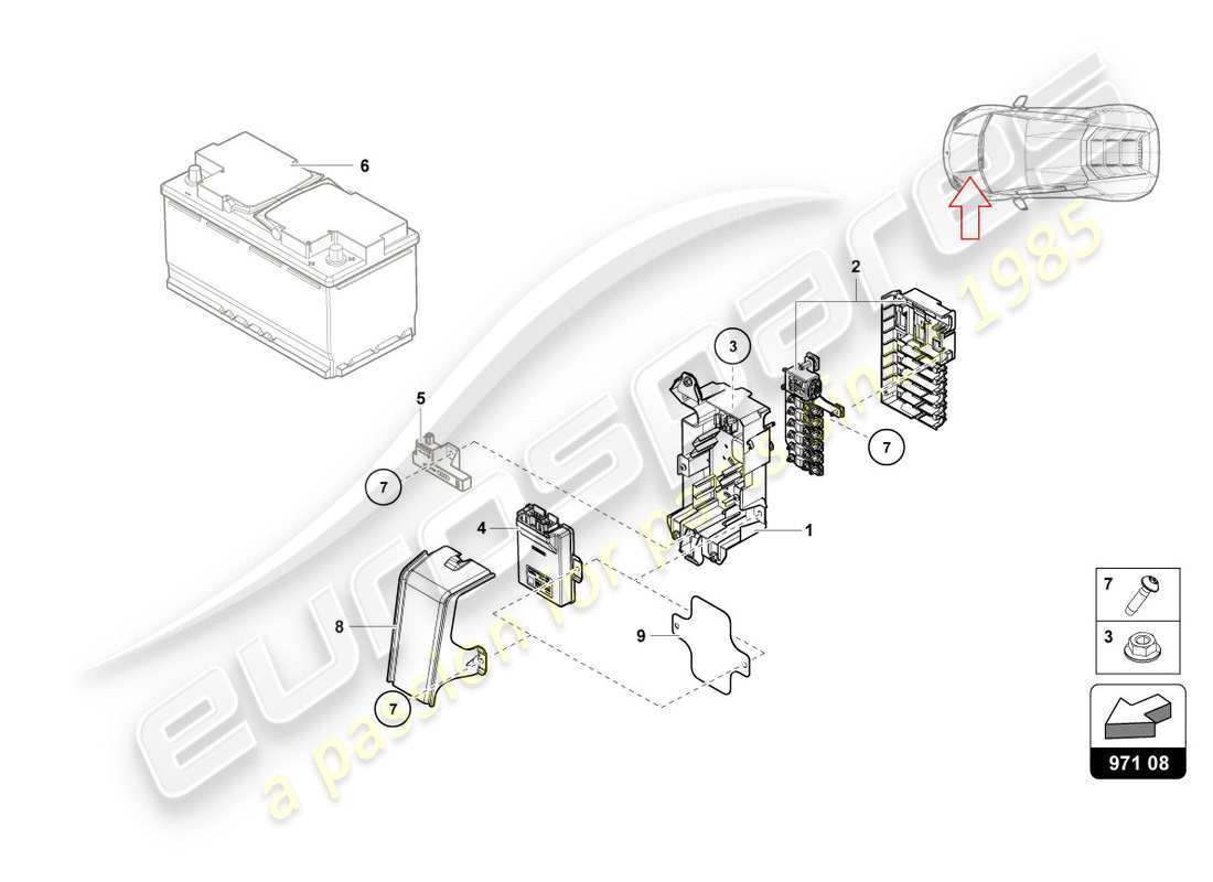 lamborghini lp580-2 coupe (2019) diagrama de piezas de la caja de fusibles