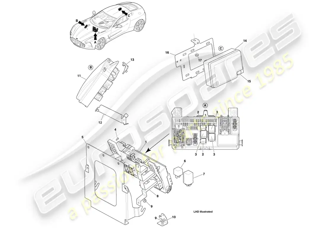aston martin one-77 (2011) paneles de fusibles diagrama de piezas