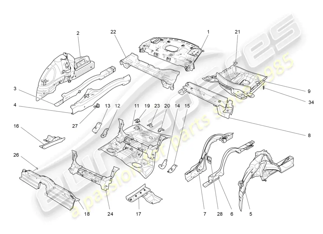 maserati ghibli (2014) marcos estructurales traseros y paneles de chapa diagrama de piezas