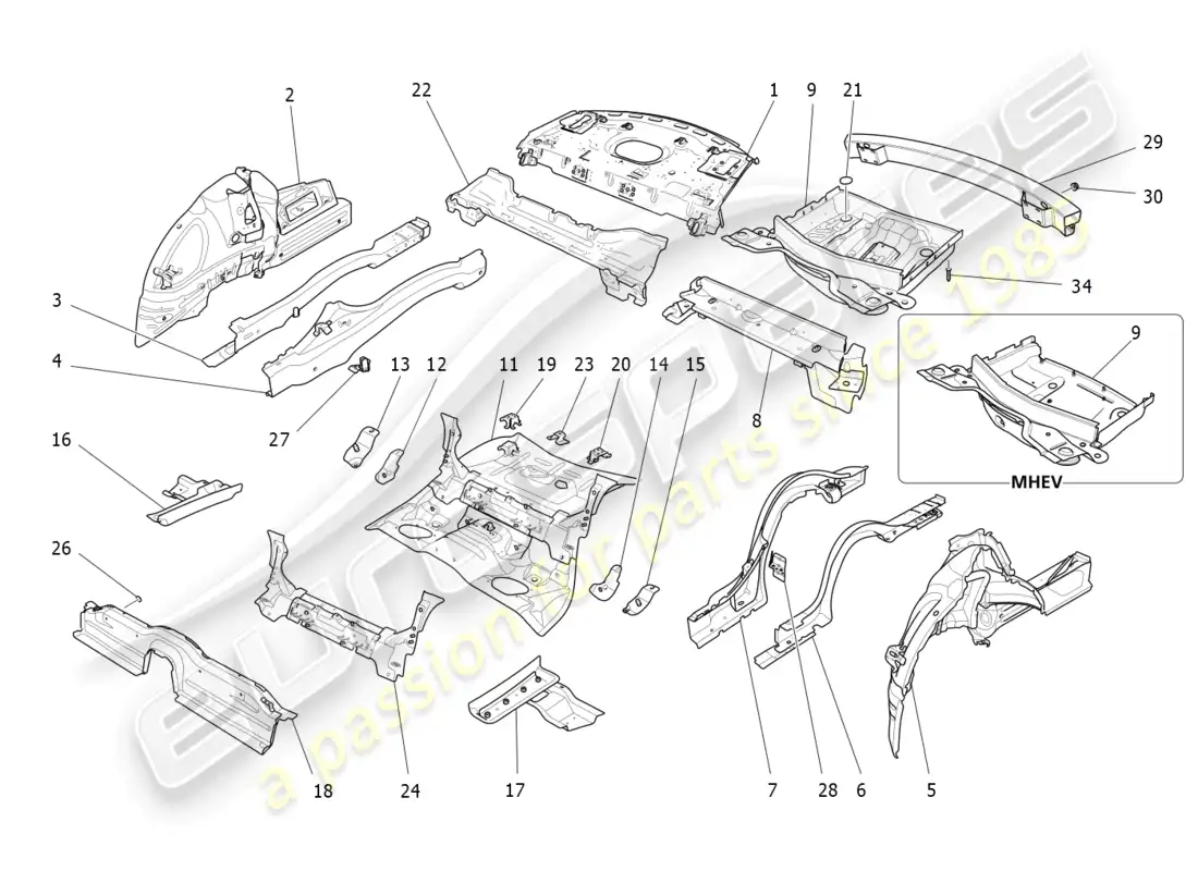 maserati ghibli (2014) marcos estructurales traseros y paneles de chapa diagrama de piezas