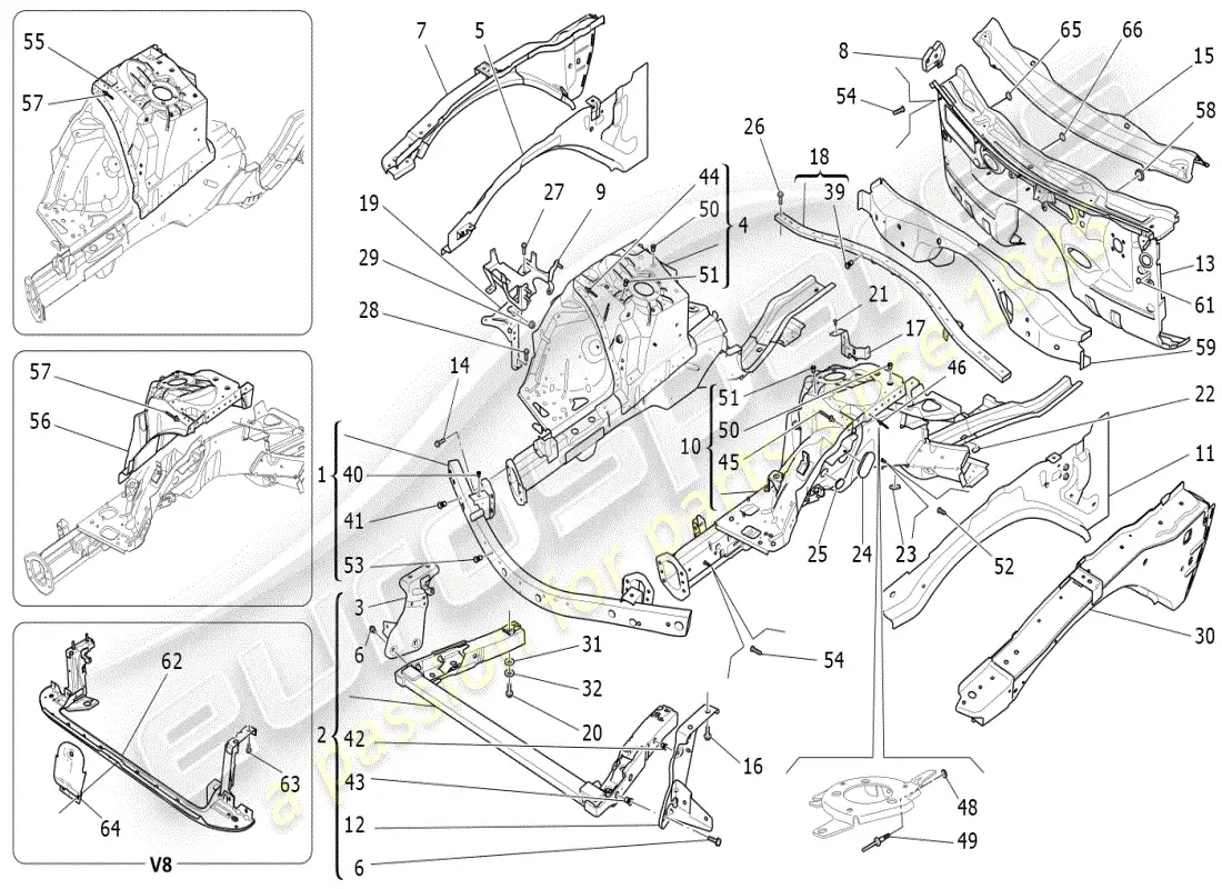 maserati ghibli (2019) diagrama de piezas de marcos estructurales frontales y paneles laminares