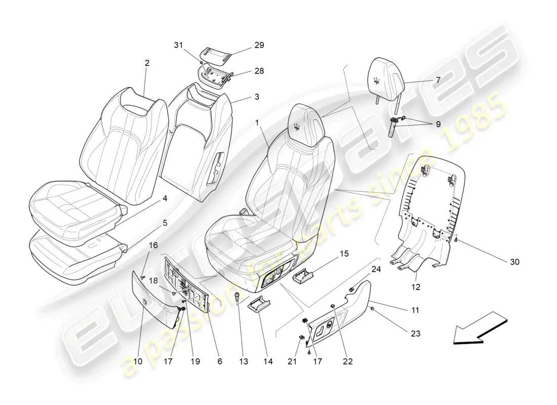 maserati levante gt (2022) front seats: trim panels diagrama de piezas