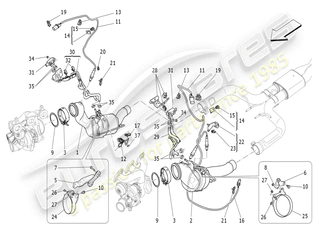 maserati ghibli (2019) diagrama de piezas de convertidores precatalíticos y convertidores catalíticos