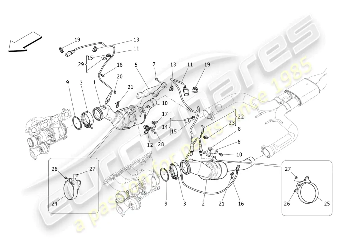 maserati levante gts (2020) convertidores precatalíticos y convertidores catalíticos. diagrama de piezas