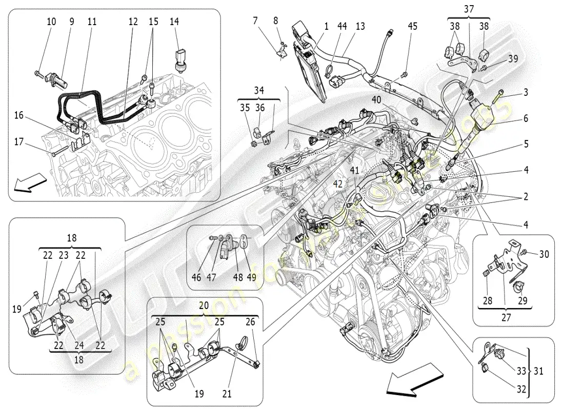 maserati ghibli (2019) control electrónico: diagrama de piezas de control de sincronización del motor y inyección
