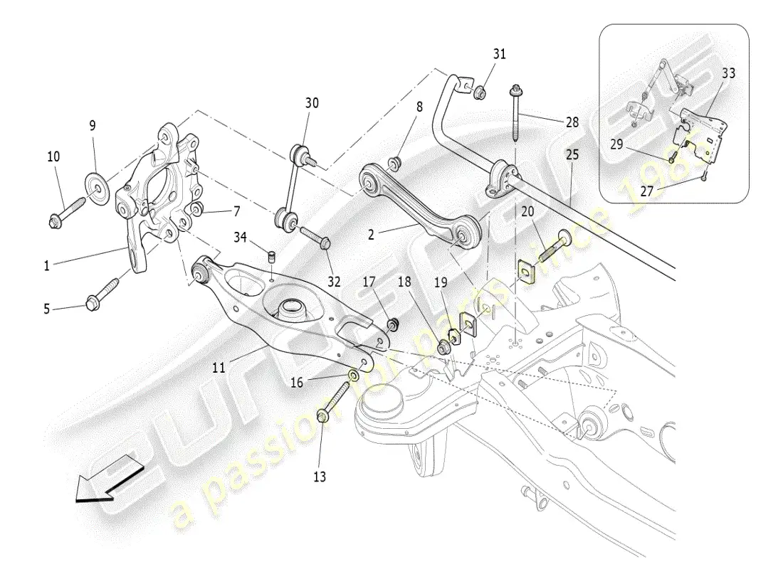 maserati ghibli (2019) diagrama de piezas de la suspensión trasera