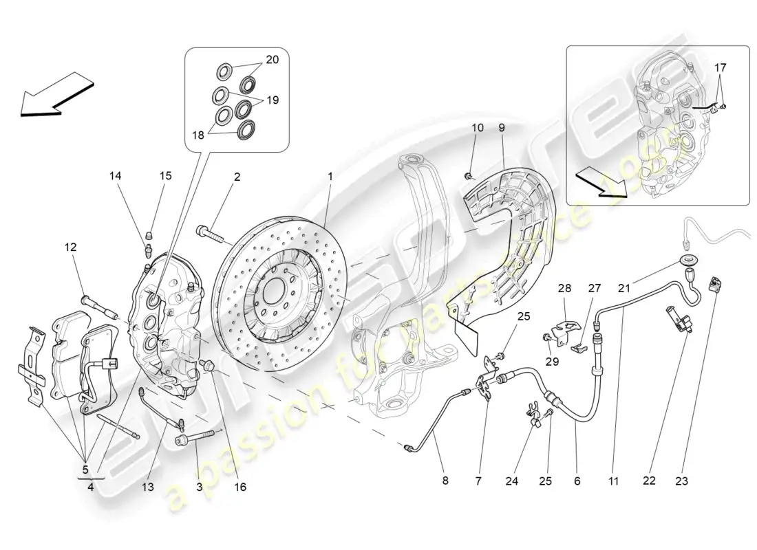 maserati levante modena s (2022) dispositivos de frenado en las ruedas delanteras diagrama de piezas