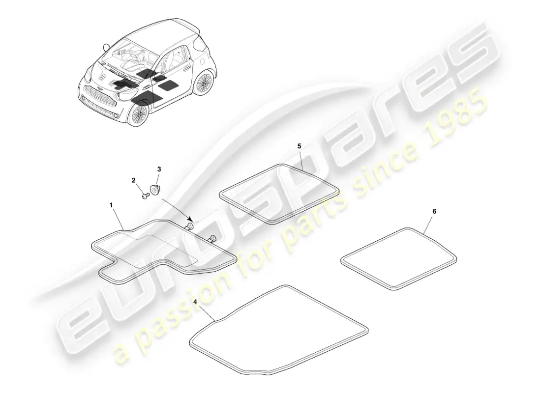 aston martin cygnet (2012) alfombras de piso diagrama de piezas