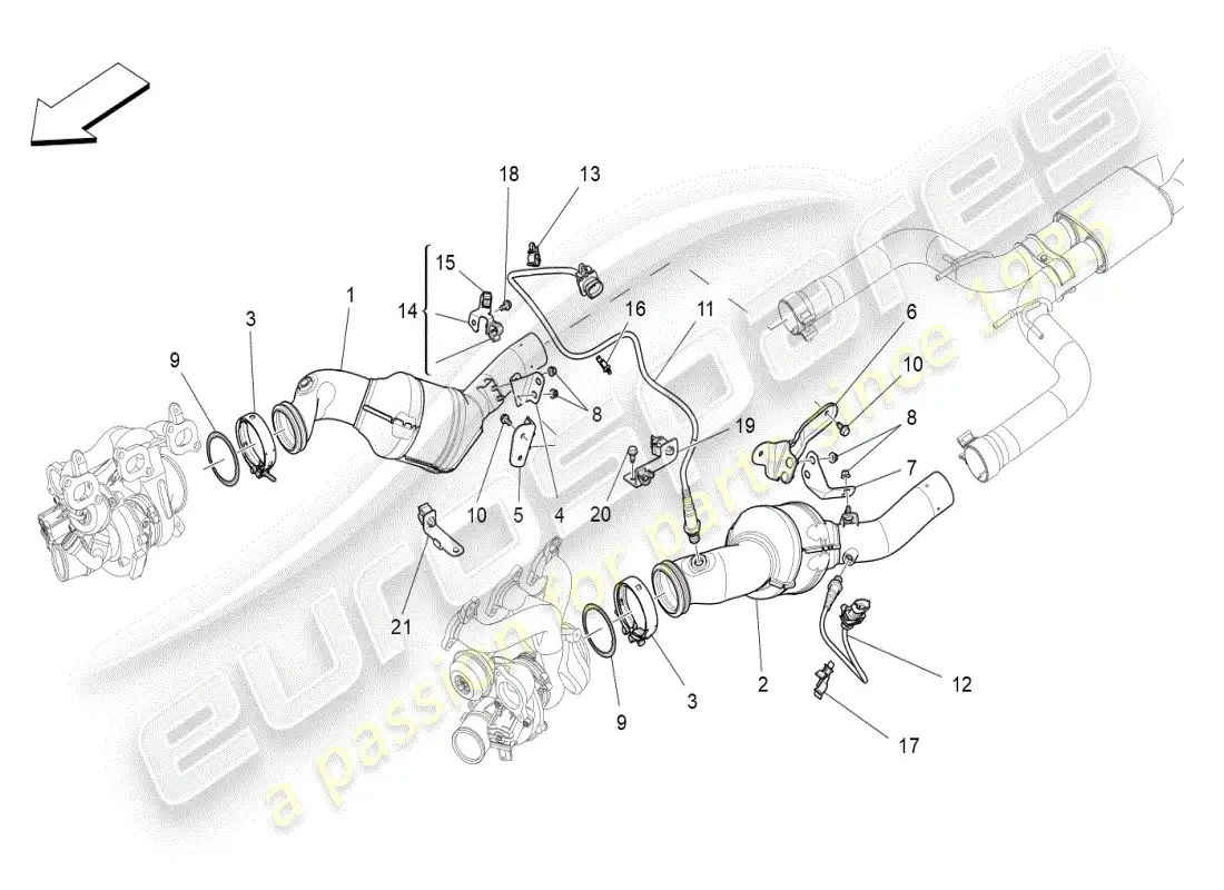 maserati ghibli (2019) diagrama de piezas de convertidores precatalíticos y convertidores catalíticos