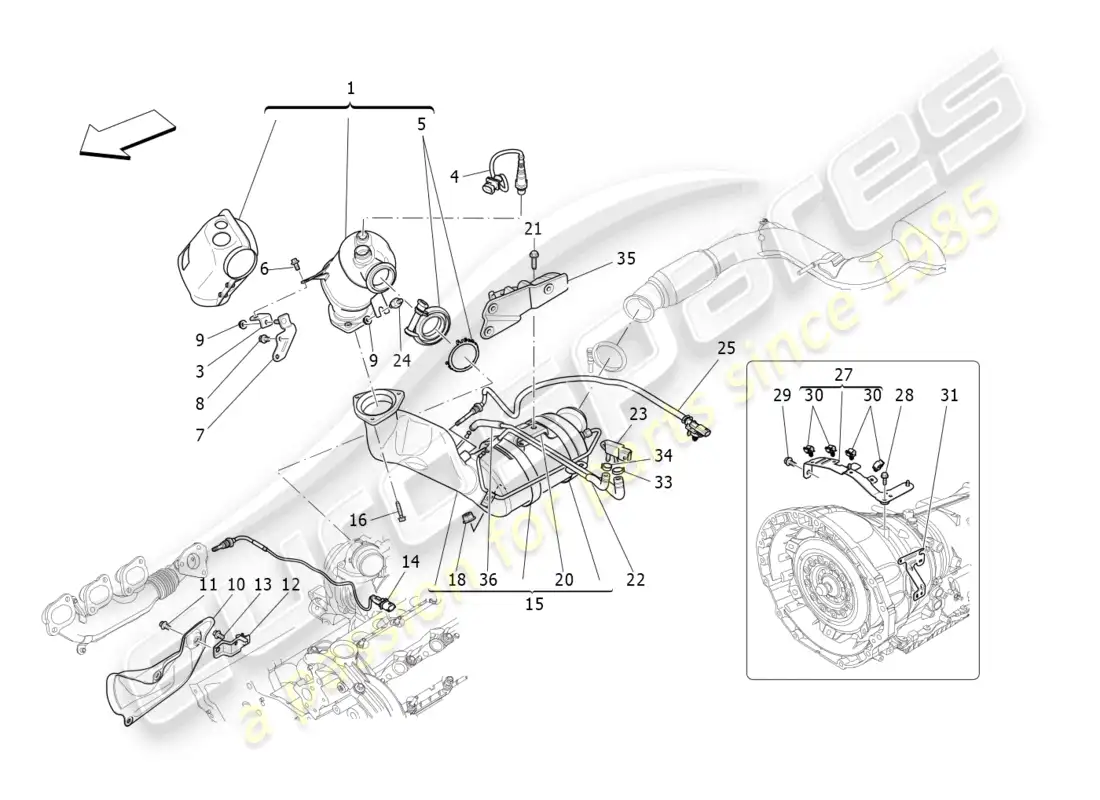 maserati levante (2019) convertidores precatalíticos y convertidores catalíticos. diagrama de piezas