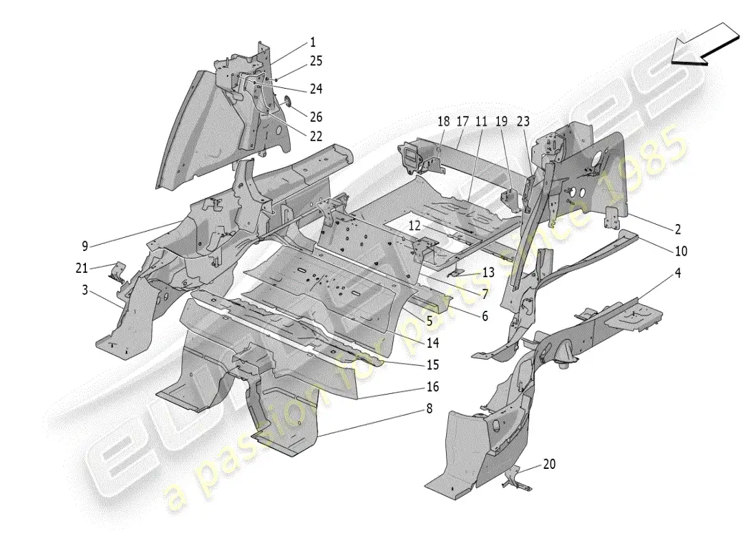 maserati grecale modena (2023) marcos estructurales traseros y paneles de chapa diagrama de piezas