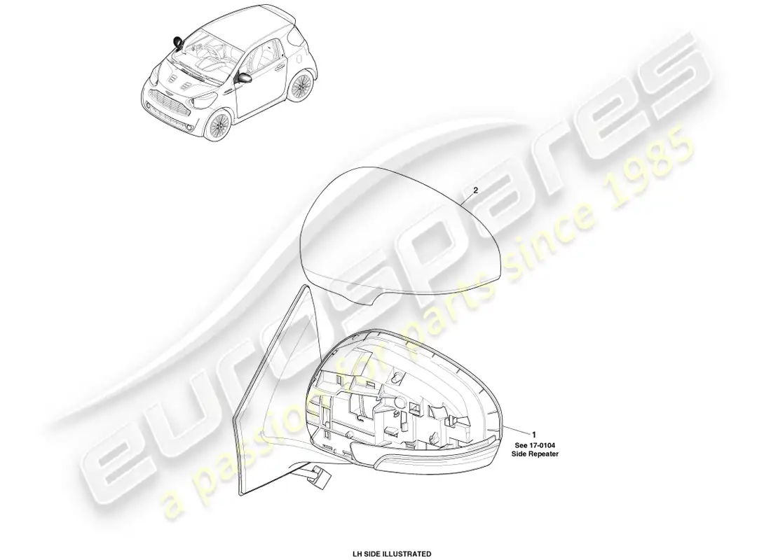 aston martin cygnet (2012) vidrio de espejo exterior diagrama de piezas