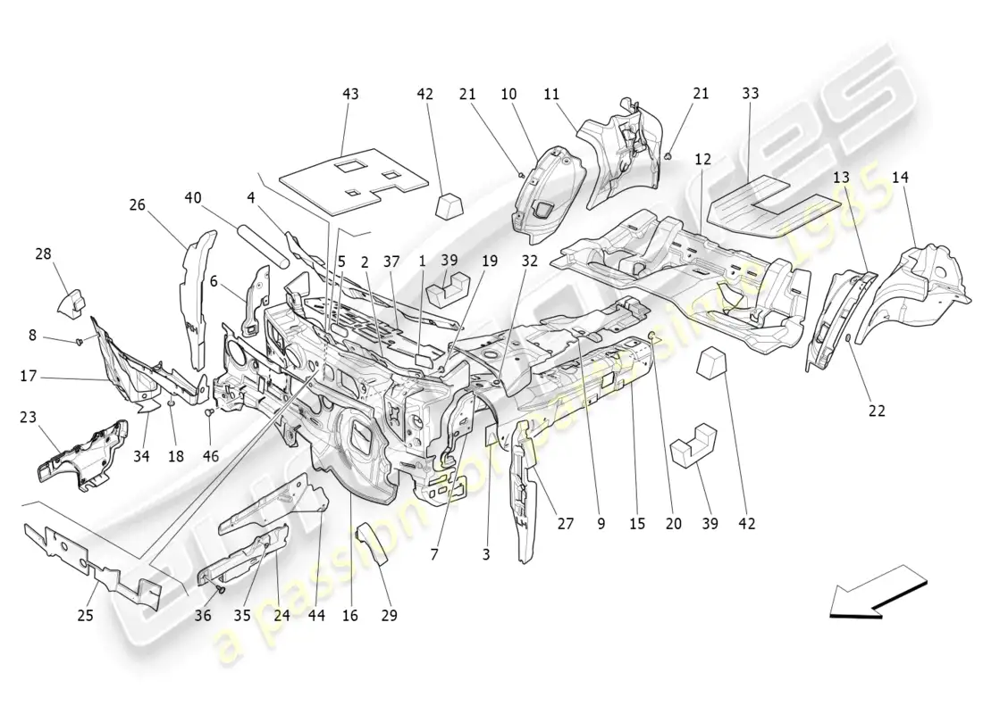 maserati ghibli (2016) paneles insonorizadores en el interior del vehículo diagrama de piezas