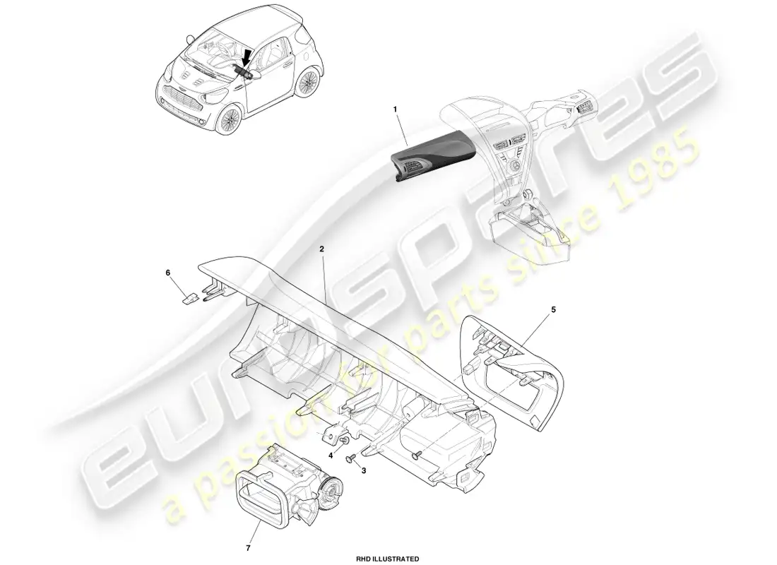 aston martin cygnet (2012) ip del pasajero diagrama de piezas