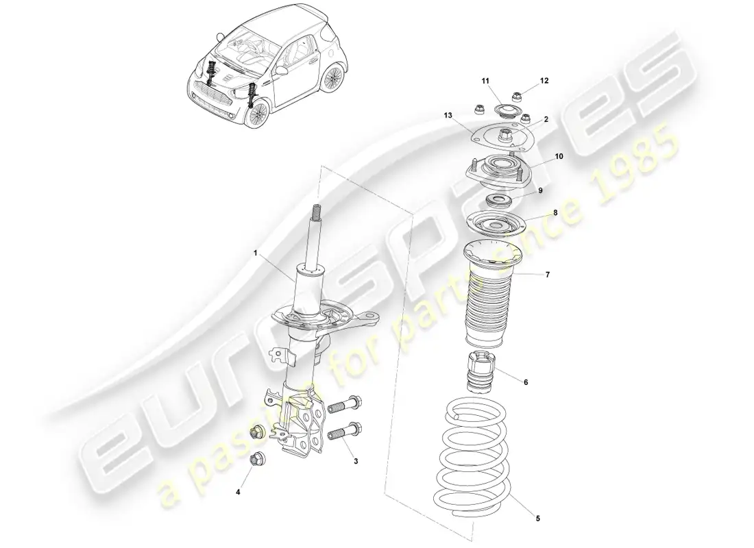 aston martin cygnet (2012) resorte y amortiguador de suspensión delantera diagrama de piezas