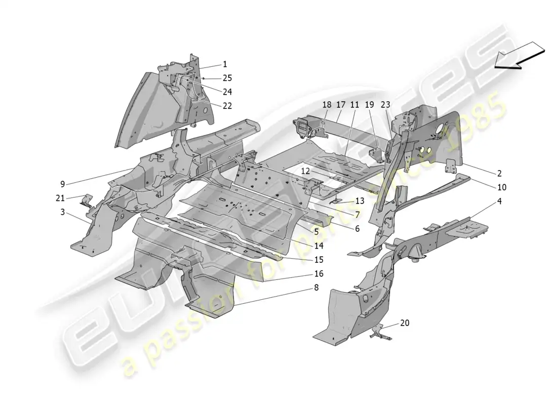 maserati grecale gt (2023) marcos estructurales traseros y paneles de chapa diagrama de piezas