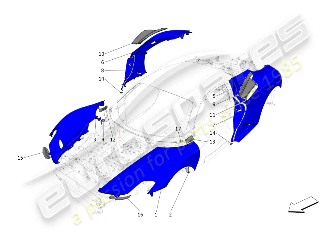 maserati mc20 (2023) cobertura exterior diagrama de piezas
