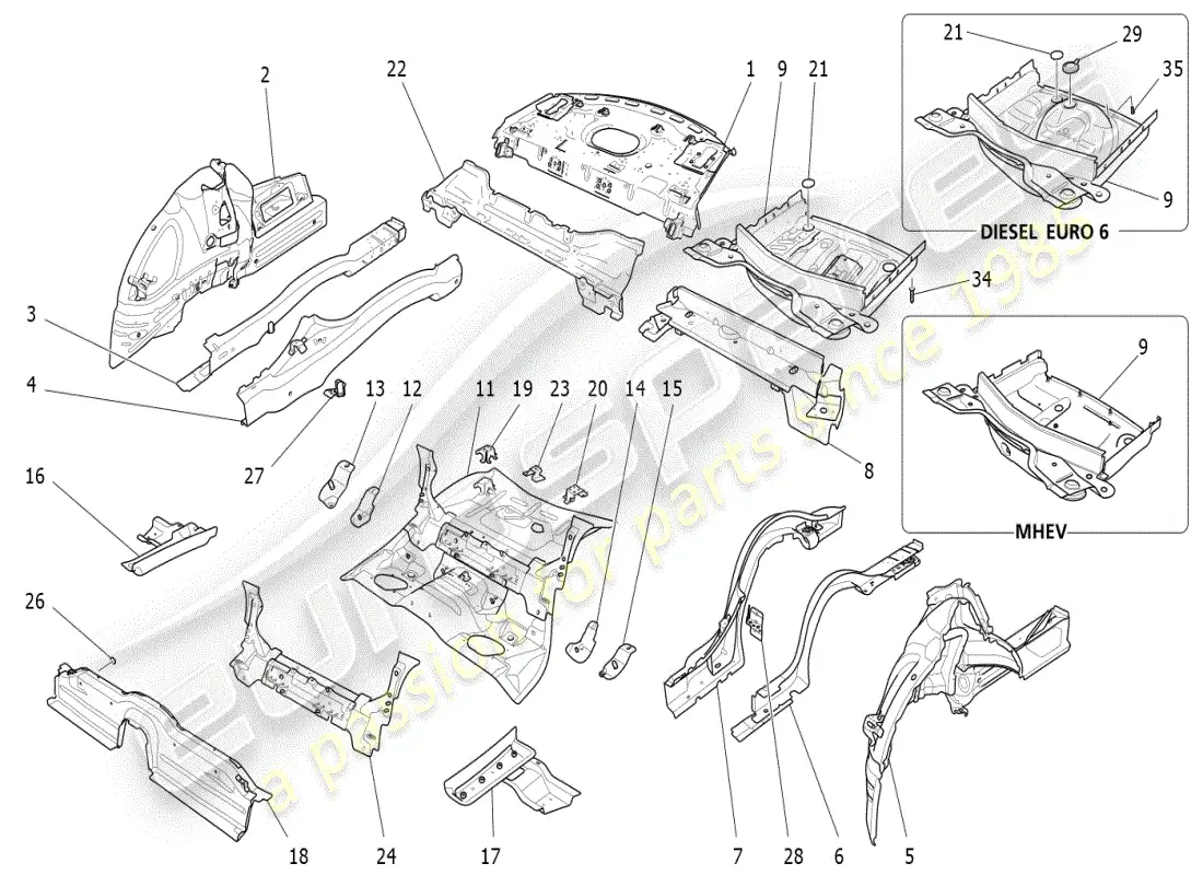 maserati ghibli (2019) diagrama de piezas de marcos estructurales traseros y paneles de chapa