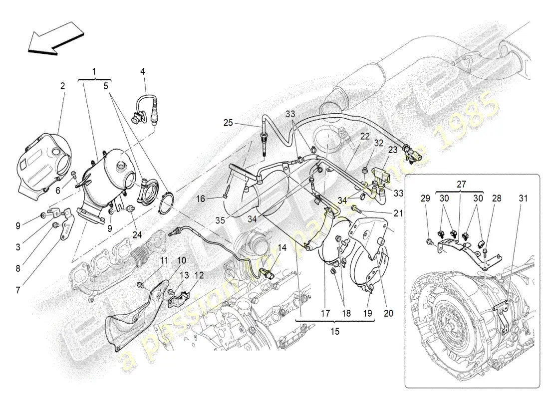 maserati ghibli (2019) diagrama de piezas de convertidores precatalíticos y convertidores catalíticos