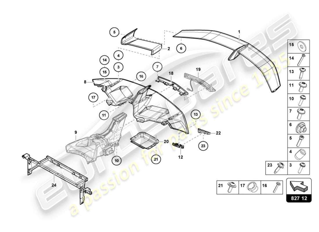 lamborghini 2019 (lp770-4 svj coupe) diagrama de piezas del spoiler trasero