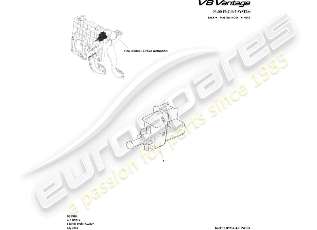 aston martin v8 vantage (2006) diagrama de piezas del interruptor del pedal del embrague