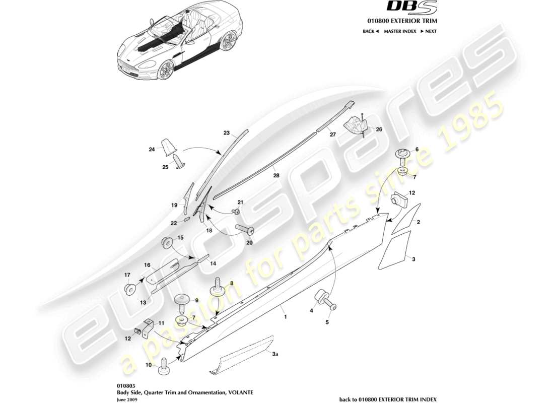 aston martin dbs (2010) molduras laterales y laterales, volante diagrama de piezas