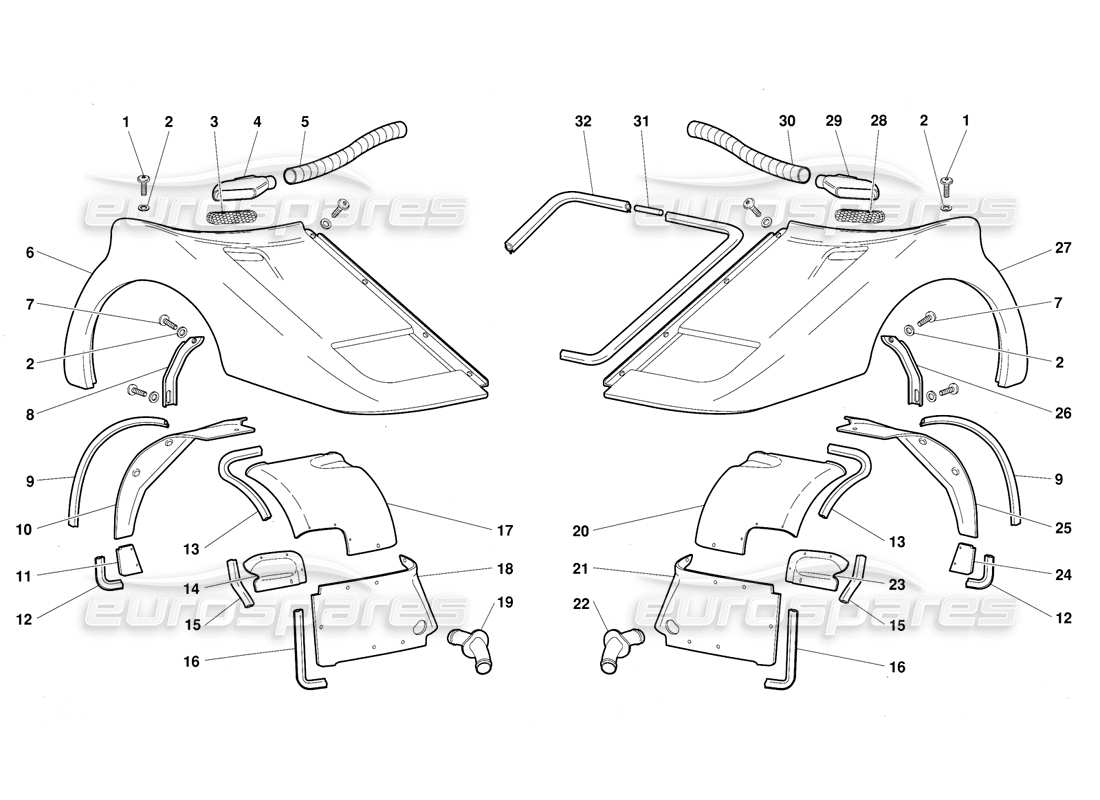 lamborghini diablo (1991) diagrama de piezas de los elementos delanteros del cuerpo