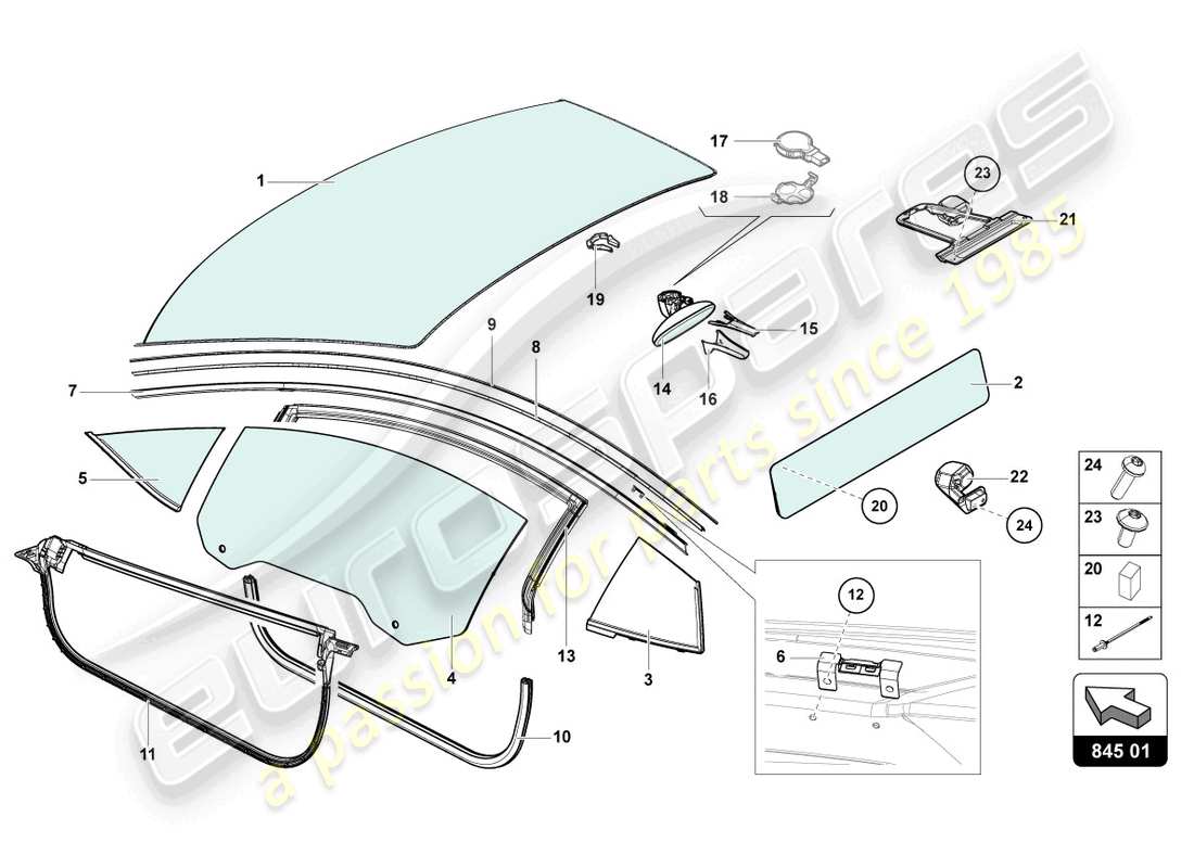 lamborghini 2019 (lp770-4 svj coupe) diagrama de piezas de vidrios para ventanas