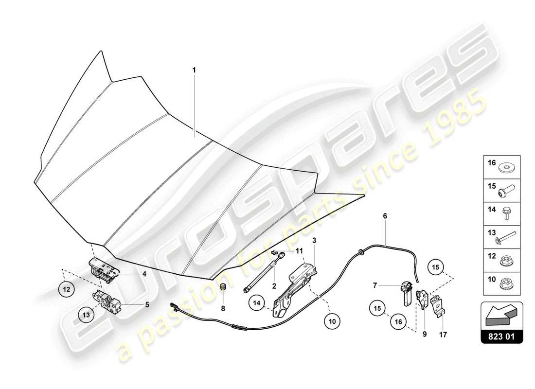 lamborghini 2014 (lp700-4 roadster) diagrama de pieza delantero del capó