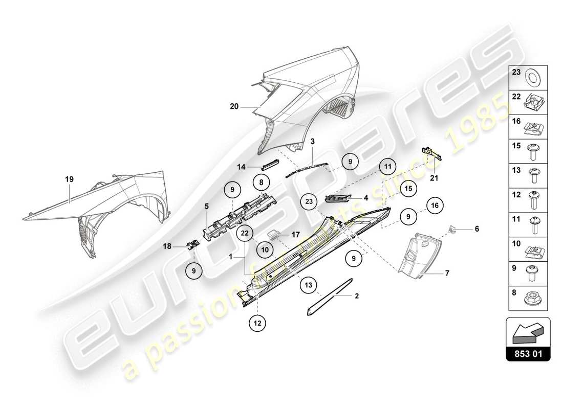 lamborghini lp610-4 coupe (2017) lateral externo inferior para alojamiento de rueda diagrama de piezas