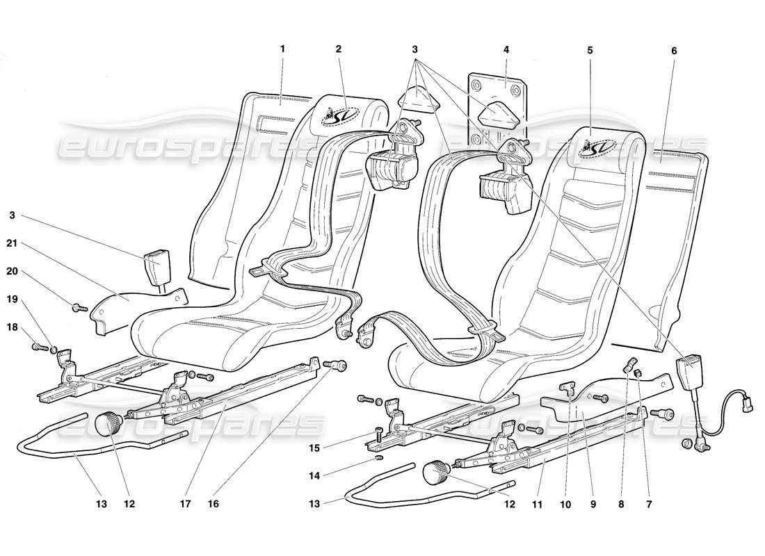 lamborghini diablo sv (1997) diagrama de piezas de asientos y cinturones de seguridad