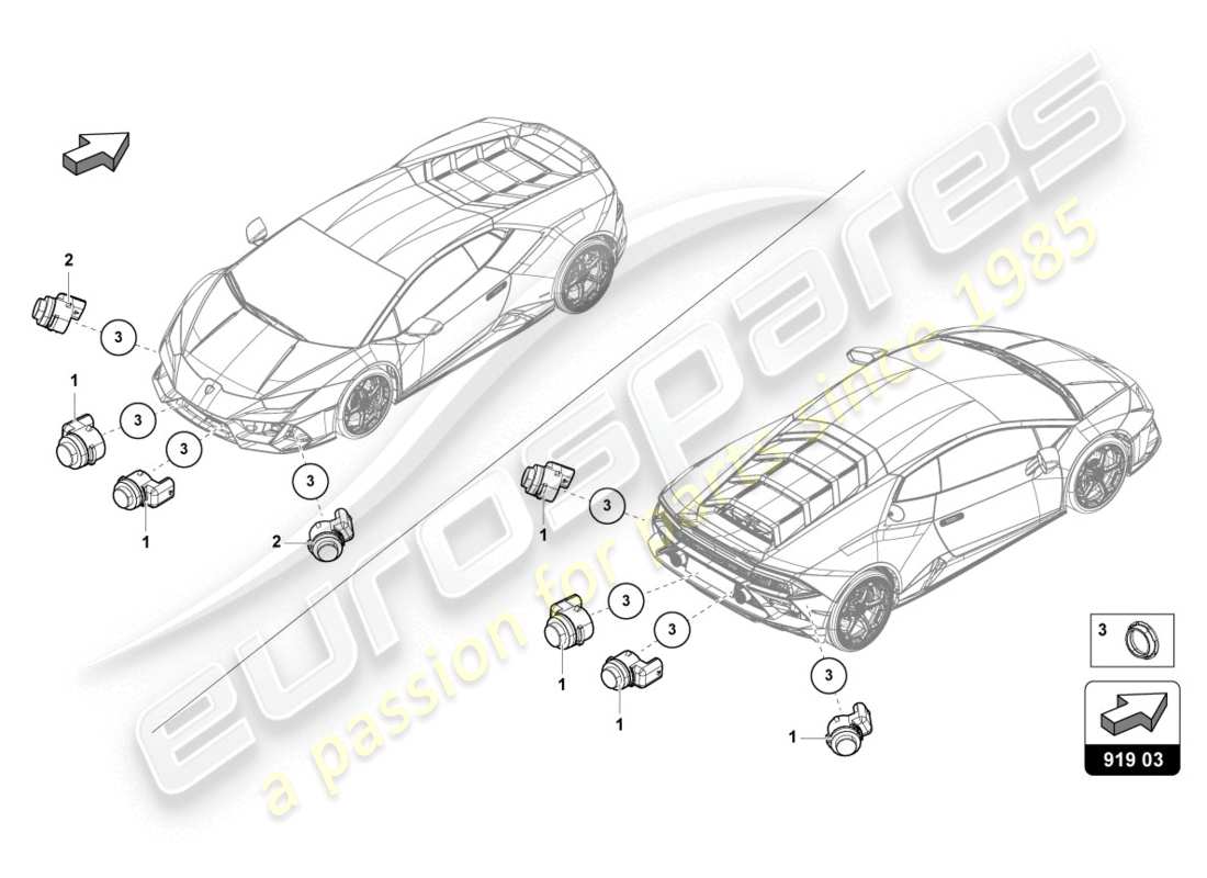 lamborghini evo spyder (2020) ayuda al aparcamiento diagrama de piezas