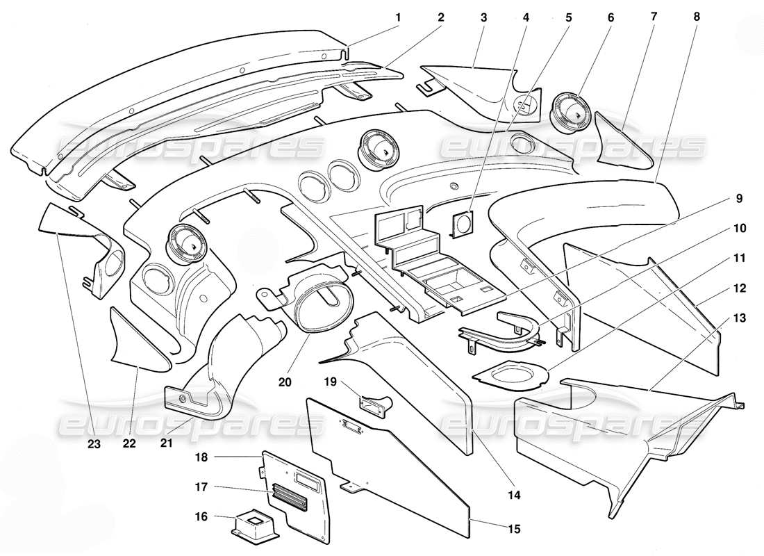 lamborghini diablo (1991) diagrama de piezas de moldura del compartimiento de pasajeros