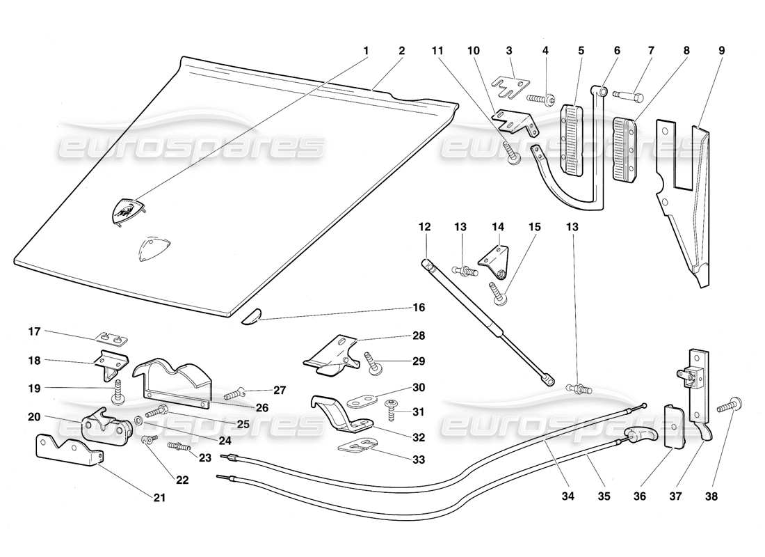 lamborghini diablo (1991) diagrama de piezas del capó delantero