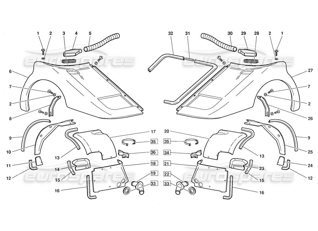 lamborghini diablo (1991) elementos del cuerpo frontal (válido para la versión 1991 de octubre) diagrama de piezas