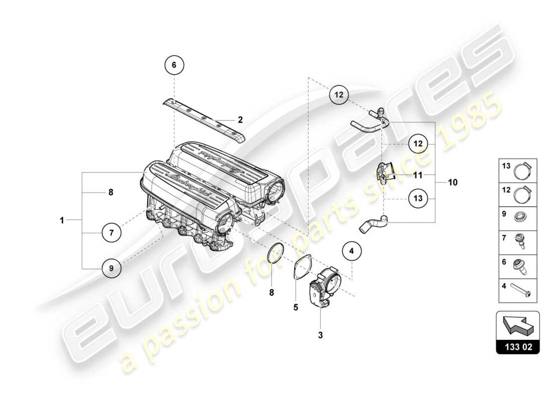 lamborghini evo spyder (2020) colector de admisión diagrama de piezas