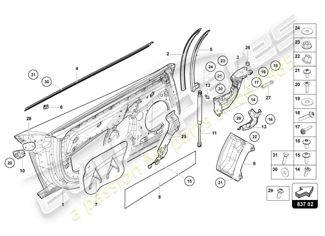 lamborghini 2017 (lp750-4 sv coupe) diagrama de piezas de la puerta del conductor y del pasajero