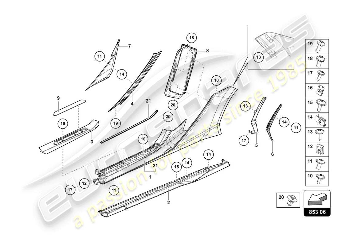 lamborghini sian (2021) lateral externo inferior para alojamiento de rueda diagrama de piezas